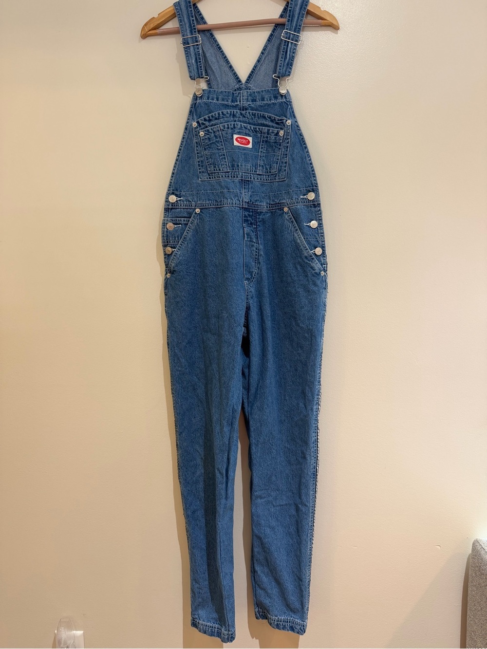 VINTAGE Revolt Denim Overalls Women Medium Blue Bib 100% Cotton Striped Trim 90s